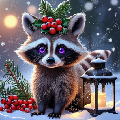 kleiner Waschbär mit violetten Augen im Schnee