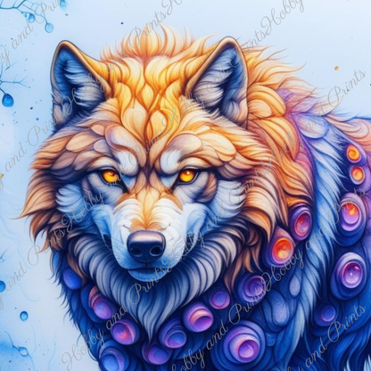 Bunter Wolf in gelb blau