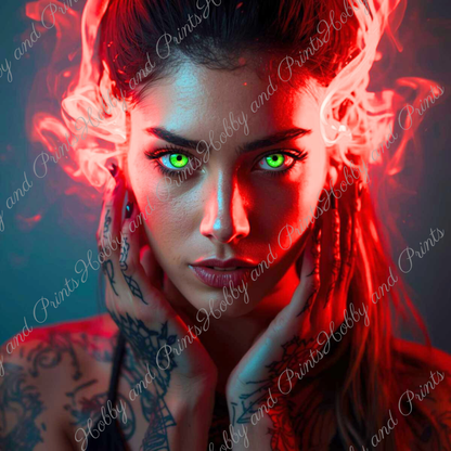 Mystische Frau Lorena mit grünen Augen und Feueraura