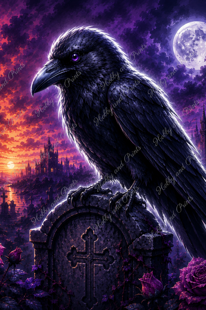 Schwarzer Rabe im Mondlicht – Mystischer Gothic Rabe auf Friedhof