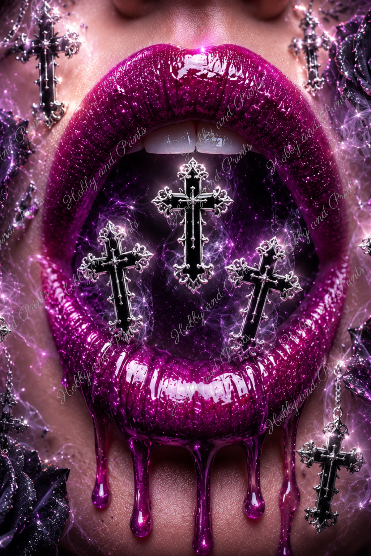 Violette Lippen mit schwarzen Kreuzen und Rosen