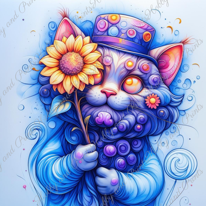 Bunte Katze mit Hut in gelb blau