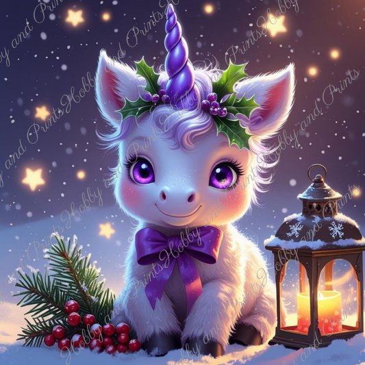 Einhorn mit violetten Horn im Winter