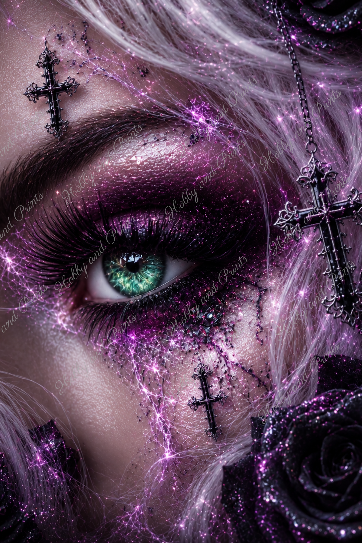 Gothic Auge mit lila Make-up & schwarzen Rosen
