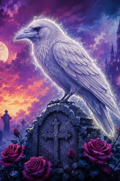 Weißer Rabe im Mondlicht – Mystischer Gothic Rabe auf Friedhof