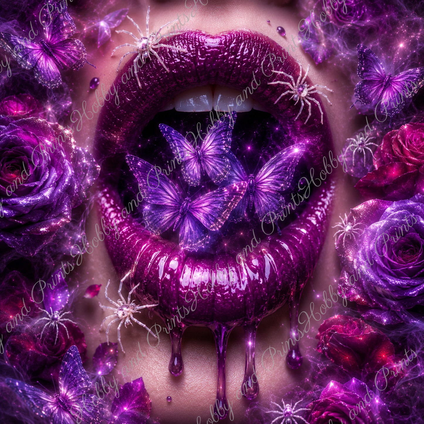 Violette Lippen mit lila Schmetterlingen, Rosen & Spinnen