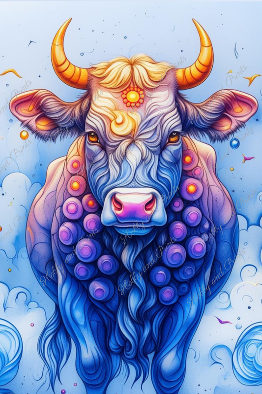 Bunte Kuh in gelb blau