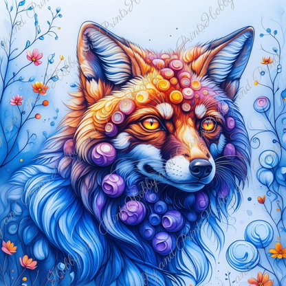 Bunter Fuchs in gelb blau