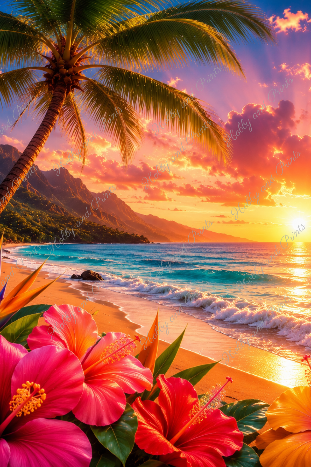 Tropischer Sonnenuntergang – Exotischer Strand mit Hibiskus & Palmen