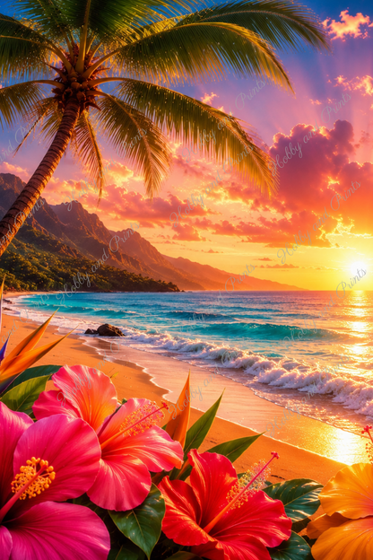 Tropischer Sonnenuntergang – Exotischer Strand mit Hibiskus & Palmen