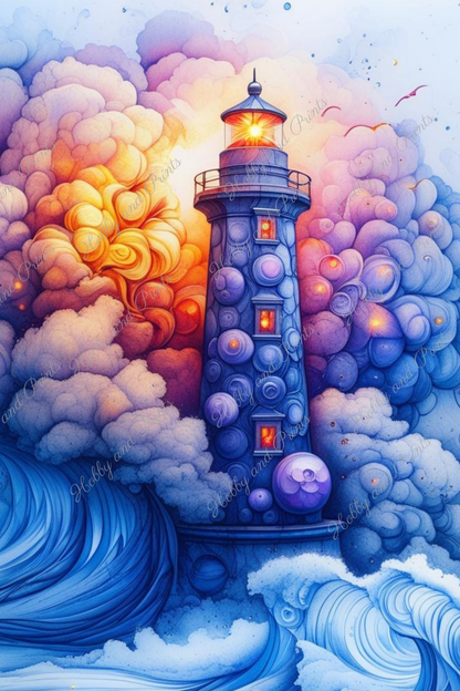 Bunter Leuchtturm in gelb blau