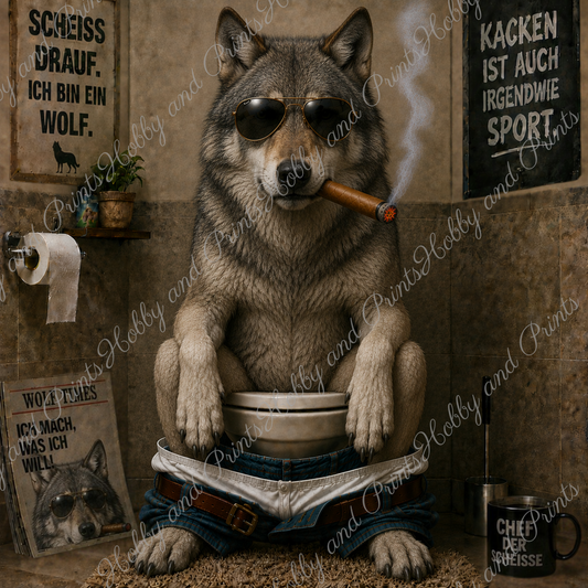 rauchender Wolf auf seinem Toilettenthron