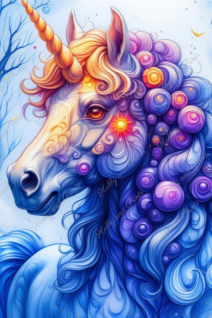 Buntes Einhorn in gelb blau