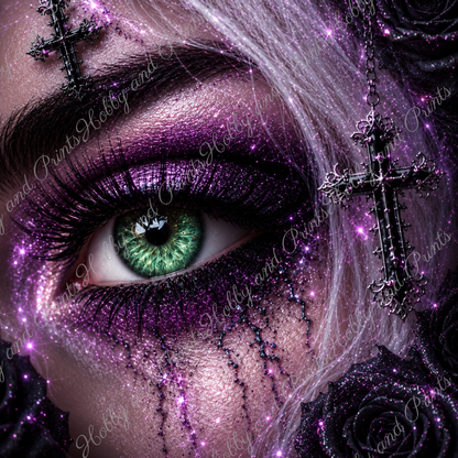 Gothic Auge mit lila Make-up & schwarzen Rosen