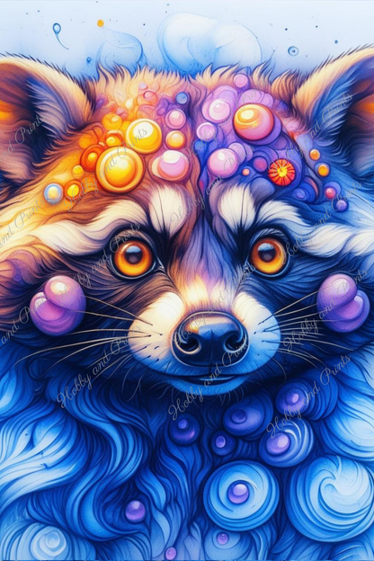 Bunter Waschbär in gelb blau
