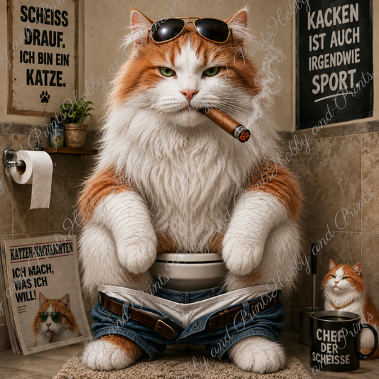 rauchender Kater auf seinem Toilettenthron