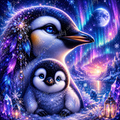 Pinguin mit Küken im Polarlicht