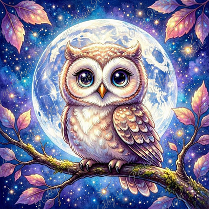 Eule bei Vollmond und Sternenhimmel