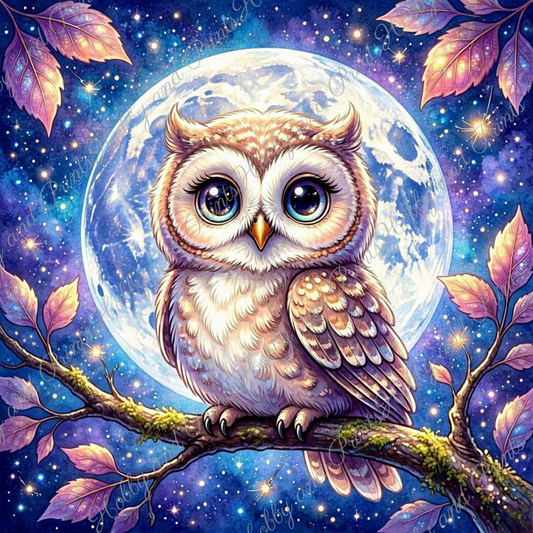 Eule bei Vollmond und Sternenhimmel