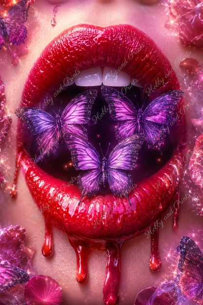 Verführerische Lippen mit lila Schmetterlingen & Rosen