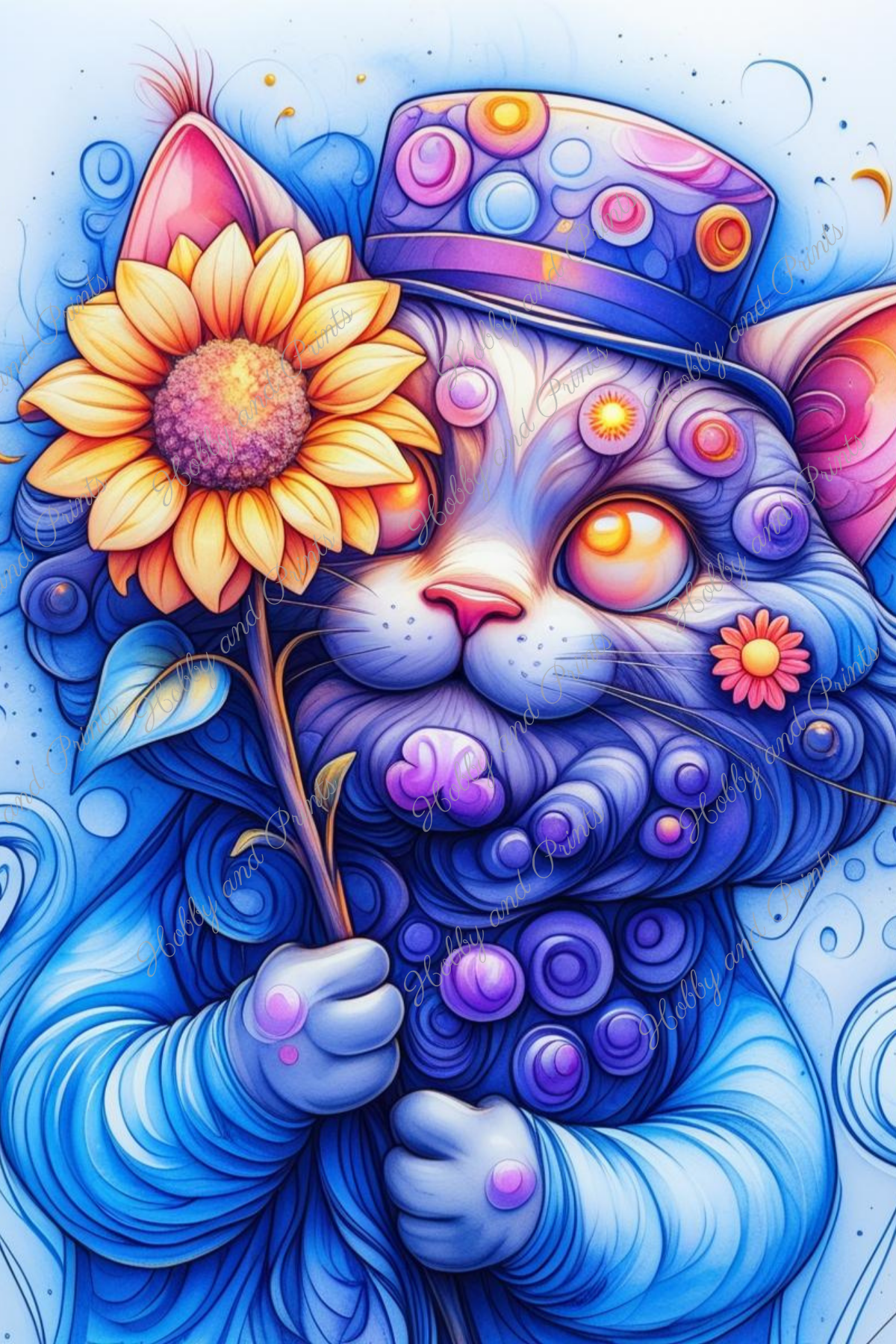 Bunte Katze mit Hut in gelb blau