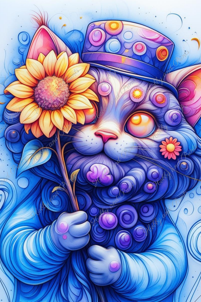 Bunte Katze mit Hut in gelb blau