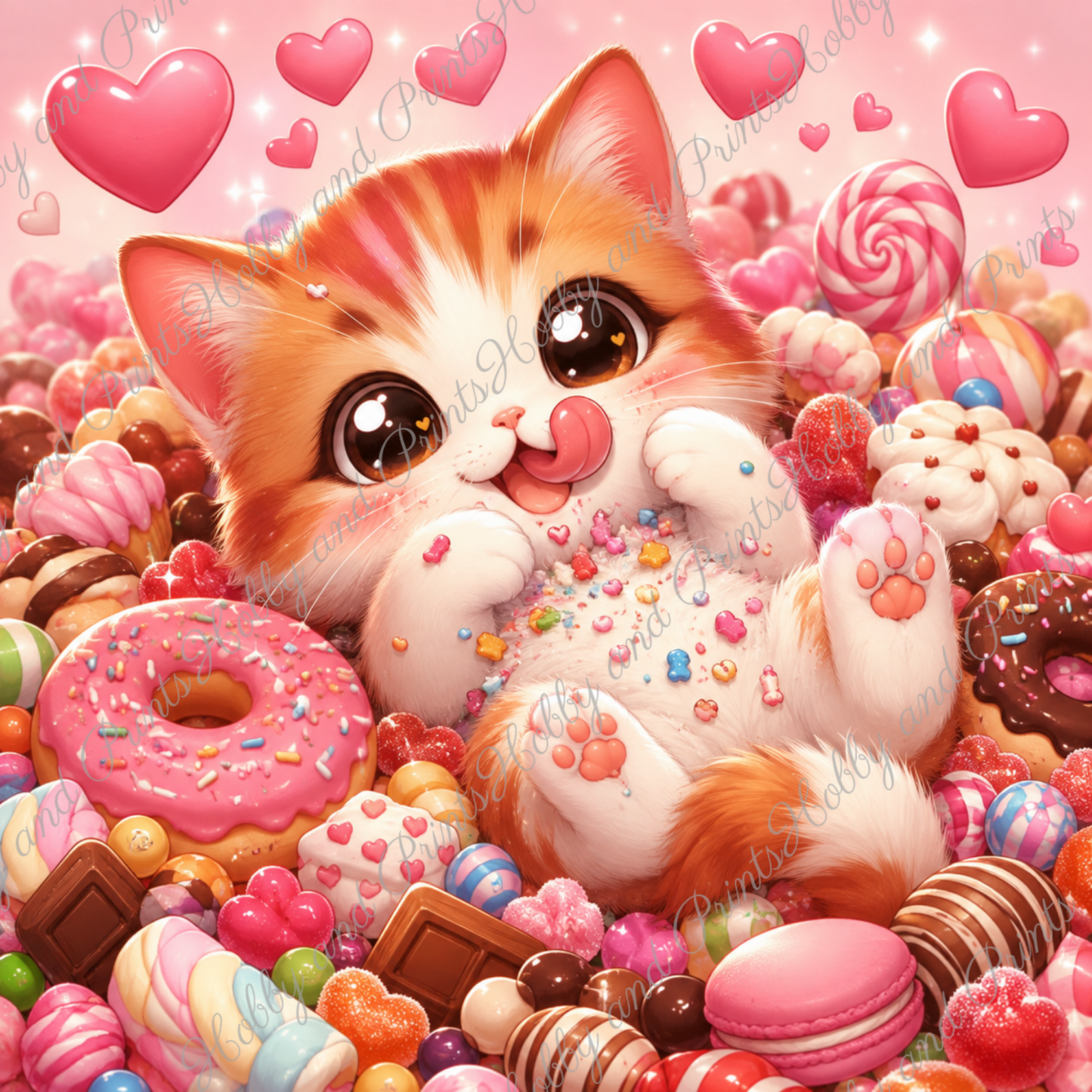 Süße Katze mit Süßigkeiten, Donuts & Bonbons
