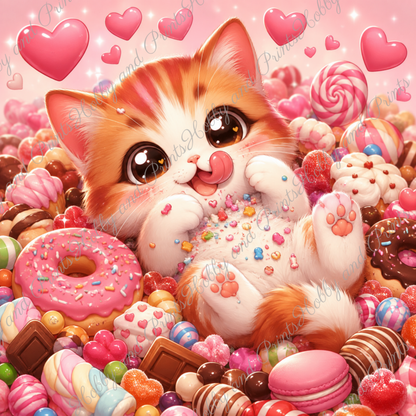 Süße Katze mit Süßigkeiten, Donuts & Bonbons
