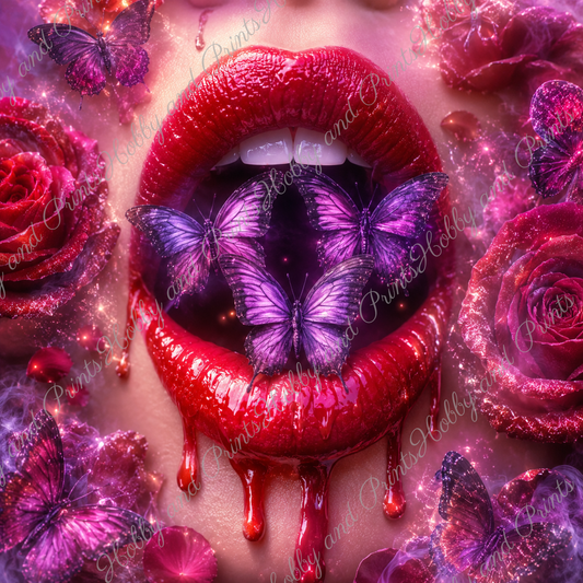 Verführerische Lippen mit lila Schmetterlingen & Rosen