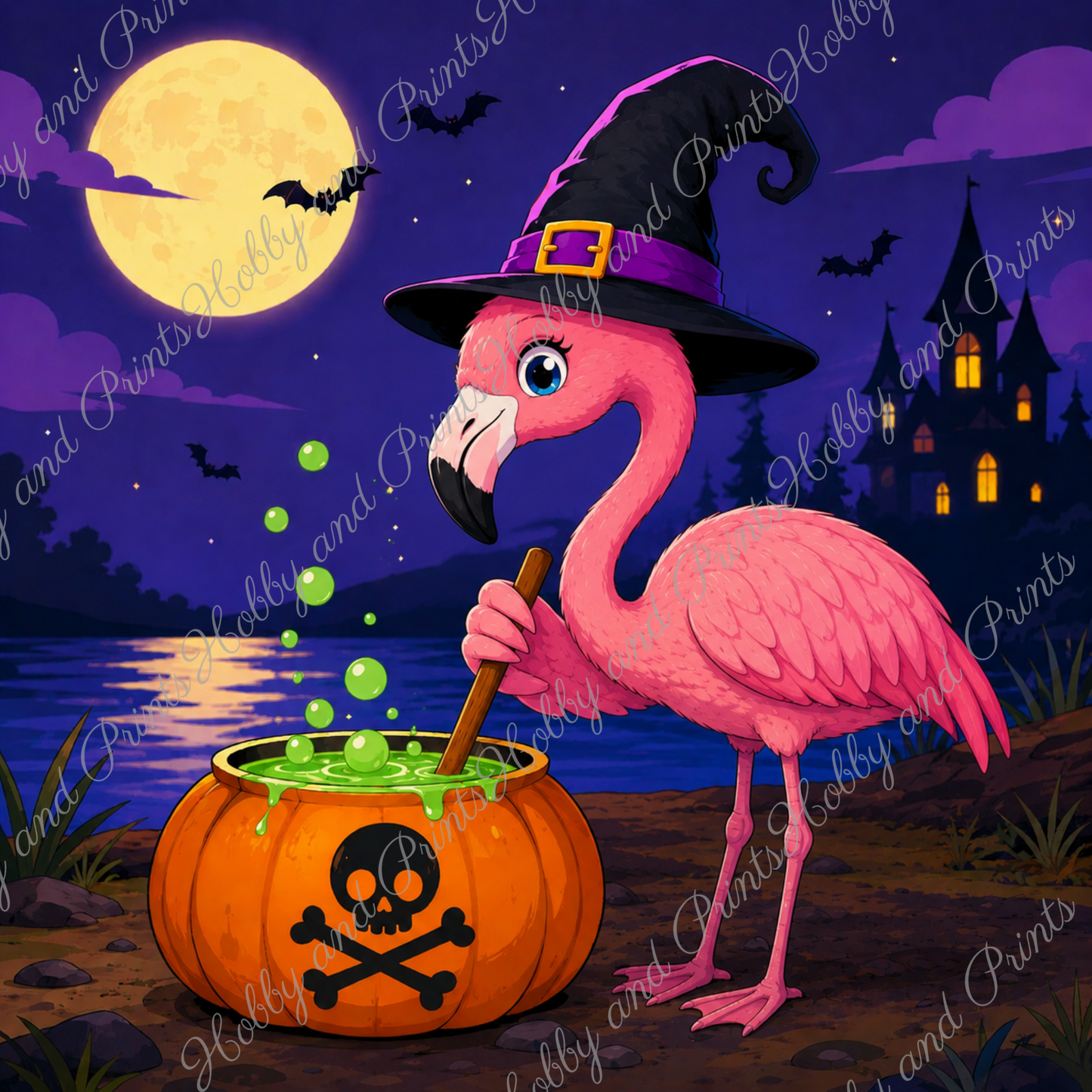 Halloween Flamingo mit Hexenhut