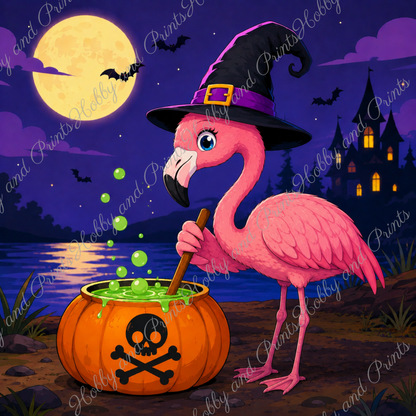 Halloween Flamingo mit Hexenhut