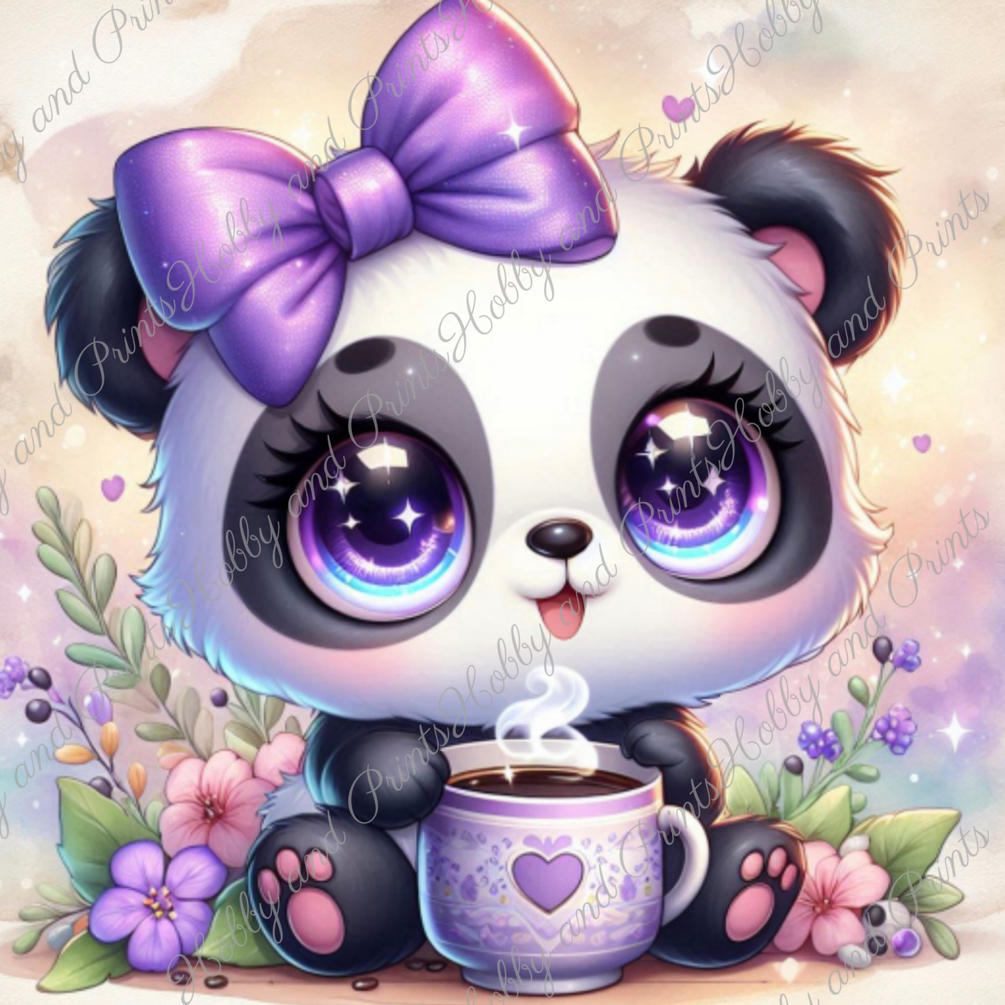 Panda mit lila Schleife & Kaffeetasse