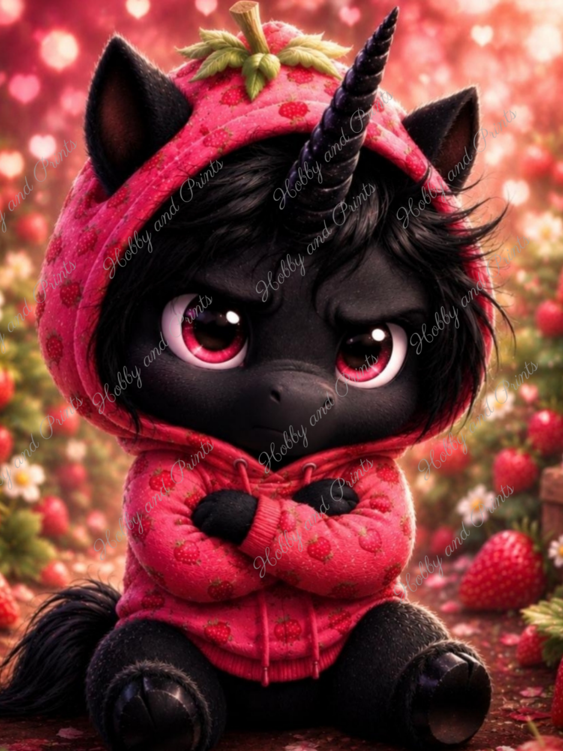 Schwarzes Fantasy Einhorn mit Erdbeeren