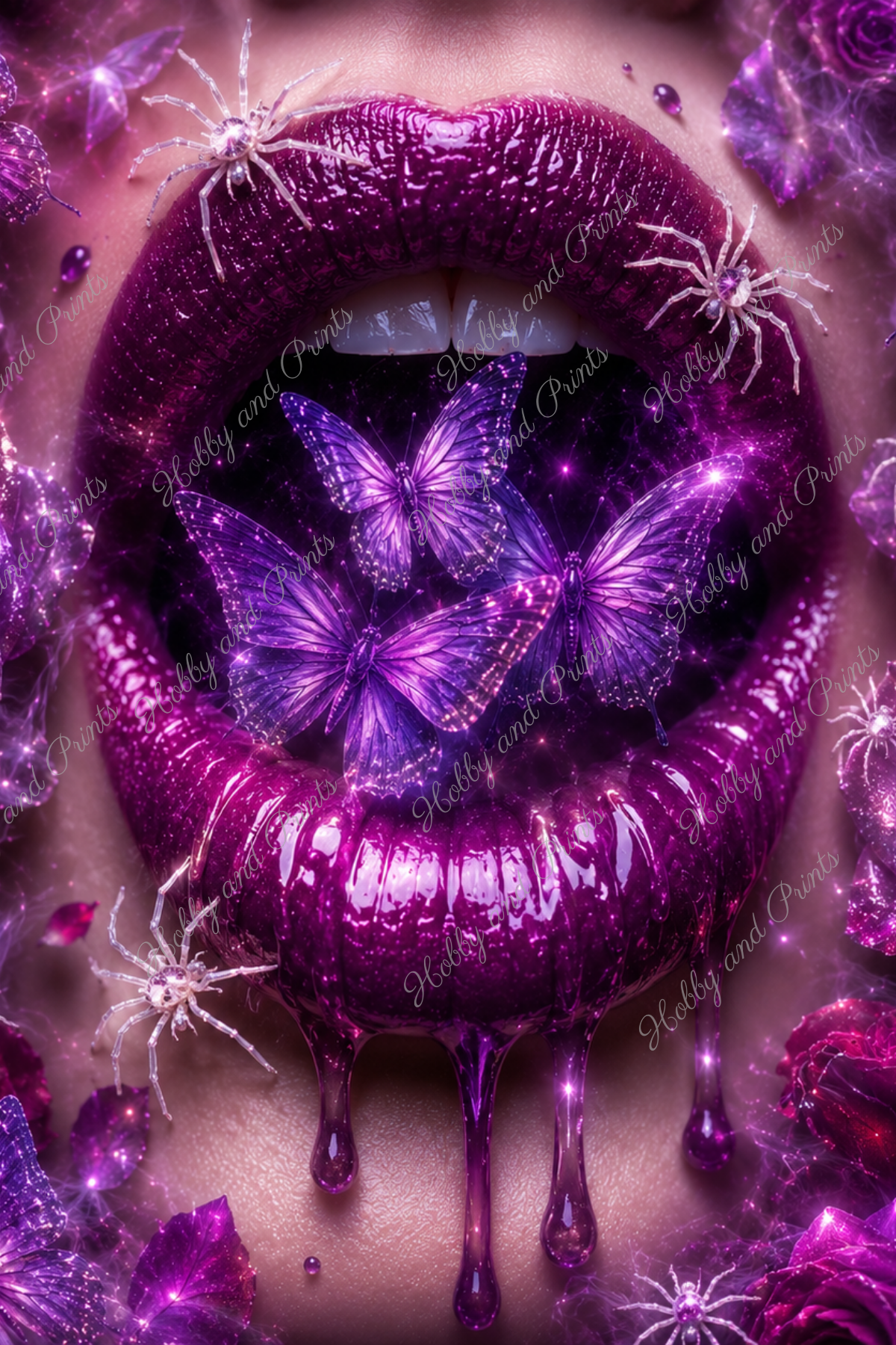 Violette Lippen mit lila Schmetterlingen, Rosen & Spinnen