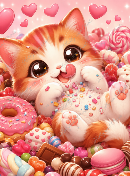 Süße Katze mit Süßigkeiten, Donuts & Bonbons