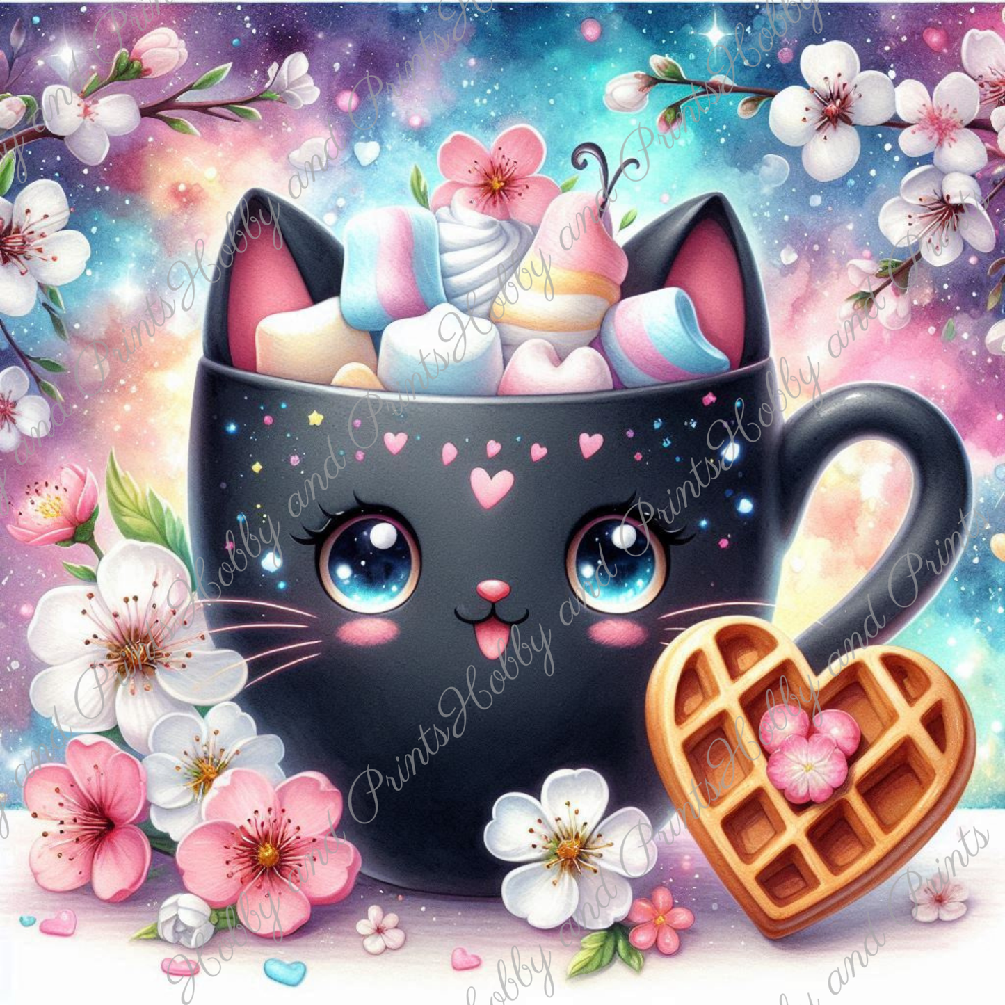 Süße Katzen-Tasse mit Marshmallows & Herzwaffel