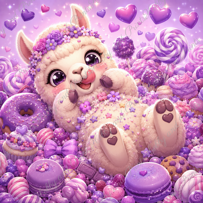 Süßes Lama mit Süßigkeiten, Donuts & Bonbons