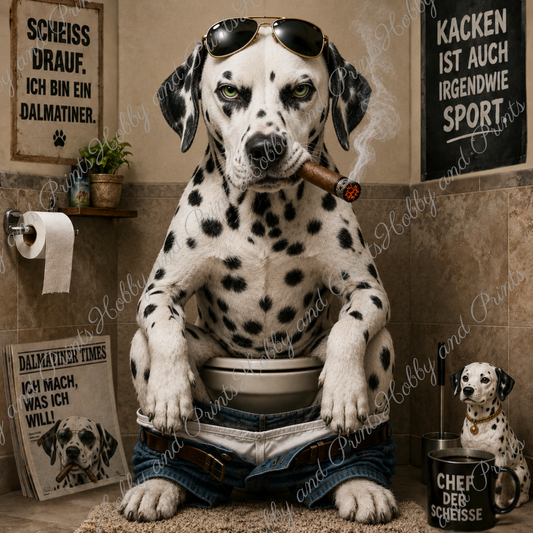 rauchender Dalmatiner auf seinem Toilettenthron