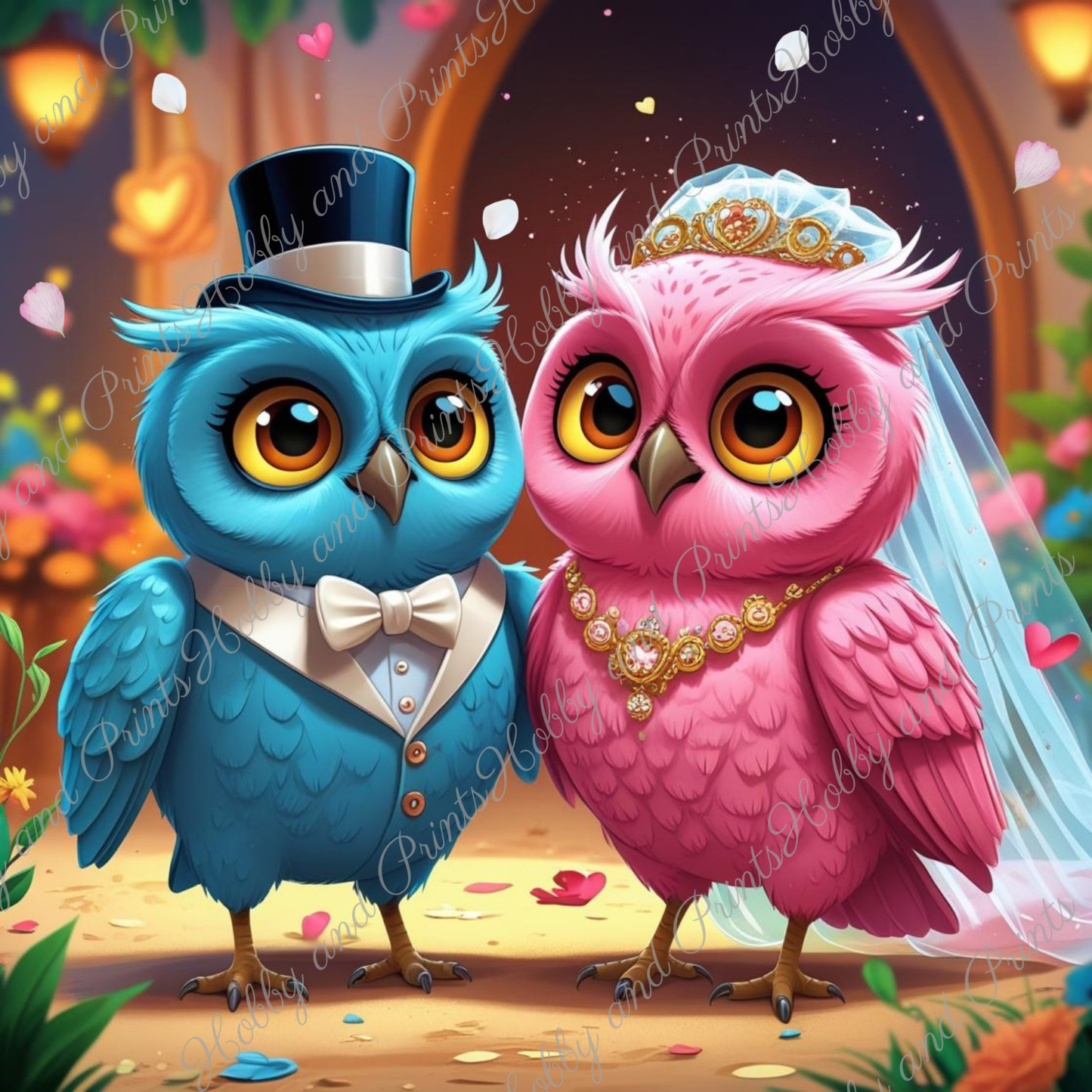 zwei Hochzeitseulen in blau und pink