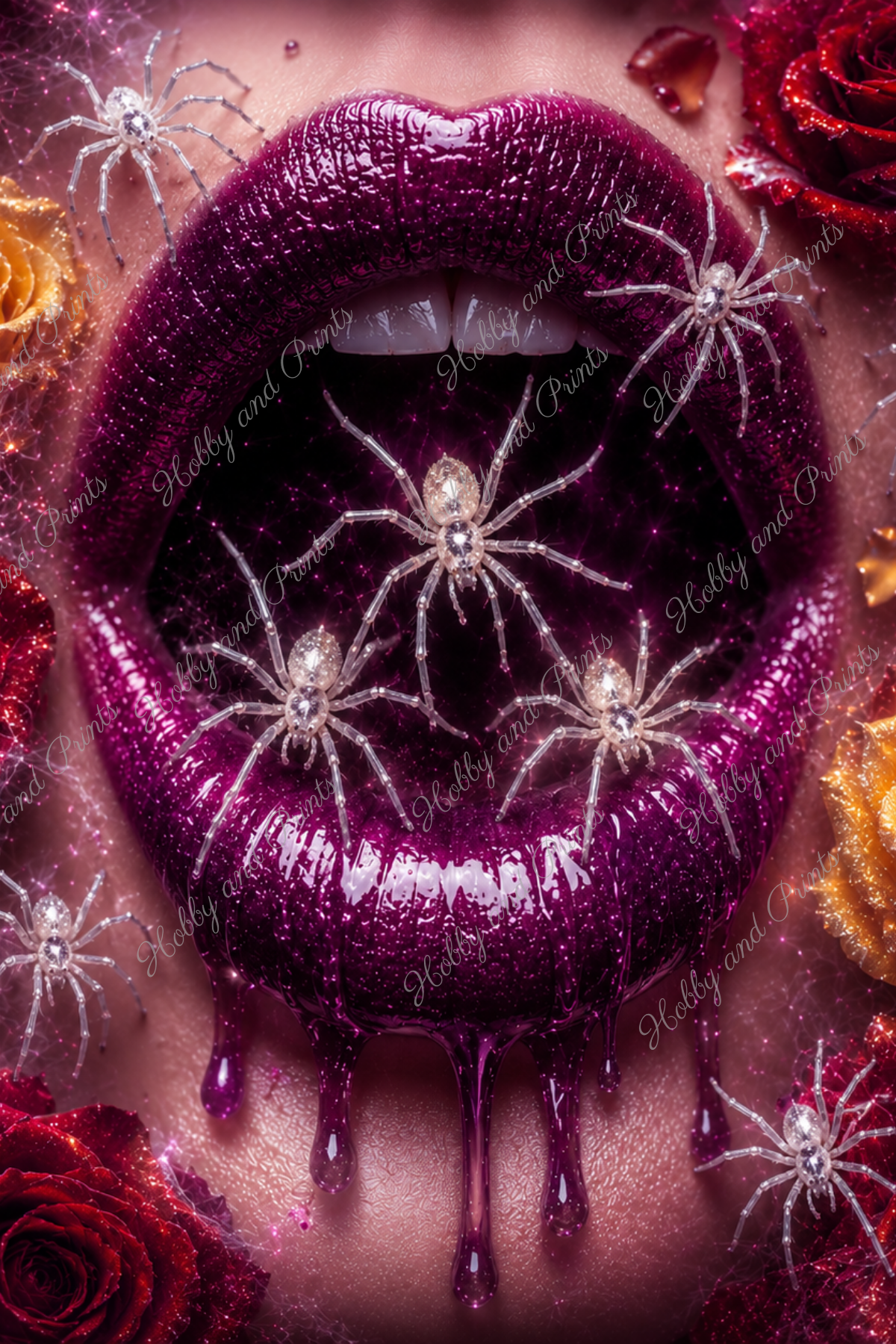 Violette Lippen mit weißen Spinnen und Rosen
