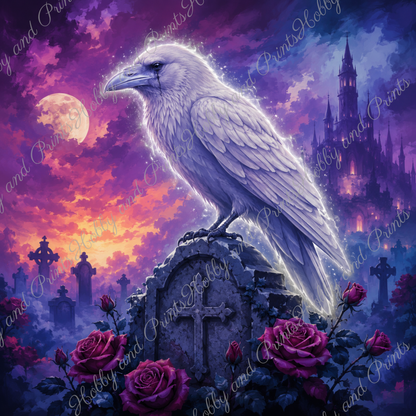Weißer Rabe im Mondlicht – Mystischer Gothic Rabe auf Friedhof