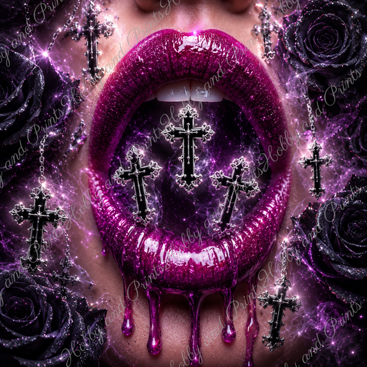 Violette Lippen mit schwarzen Kreuzen und Rosen