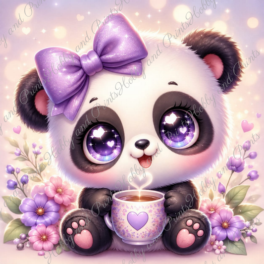 Panda mit lila Schleife & Kaffeetasse