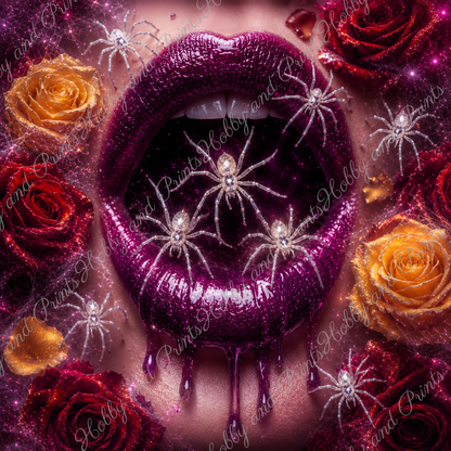 Violette Lippen mit weißen Spinnen und Rosen