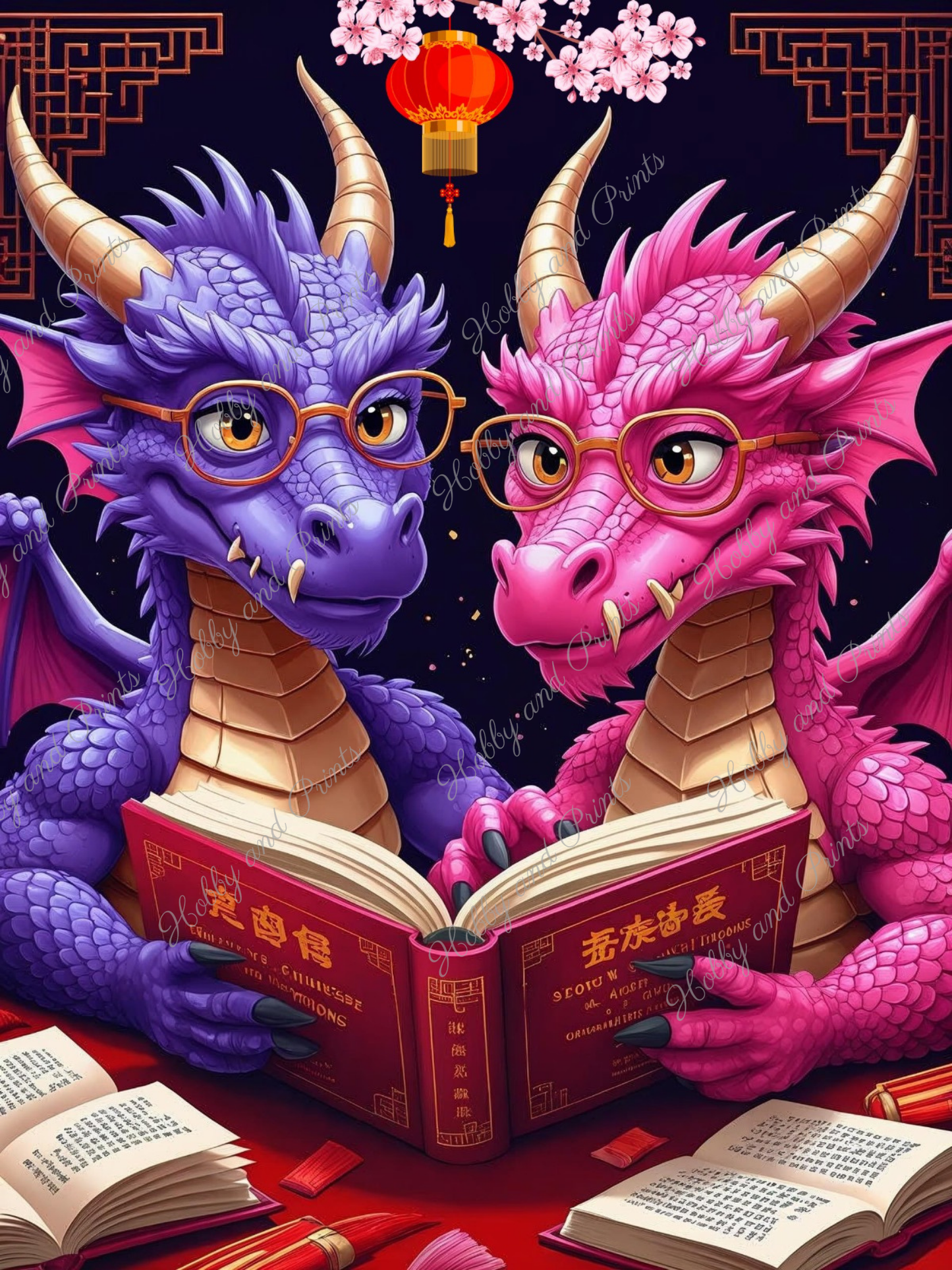 lustiges Drachenpaar beim Lesen