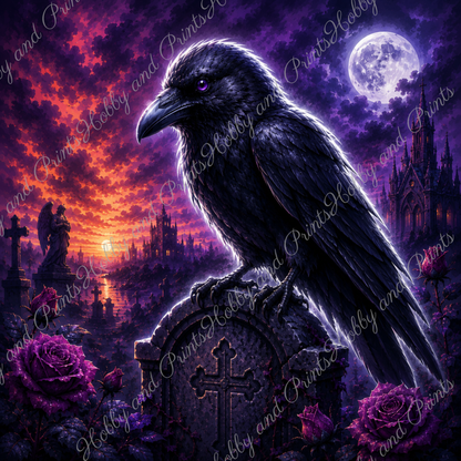 Schwarzer Rabe im Mondlicht – Mystischer Gothic Rabe auf Friedhof