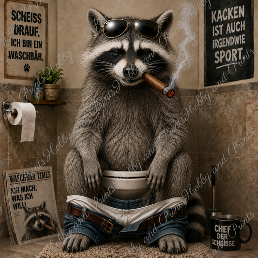 rauchender Waschbär auf seinem Toilettenthron