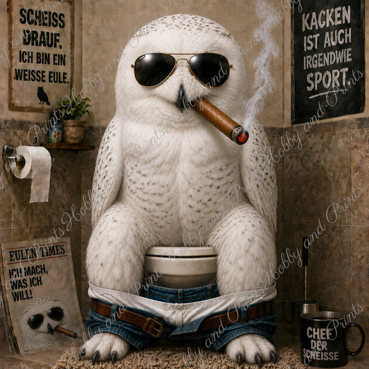 rauchende Eule auf ihrem Toilettenthron