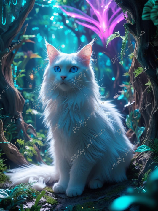 weiße Katze Maine Coon im Wald