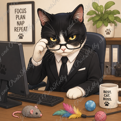 Cat Boss – Süße Katze im Anzug am Schreibtisch